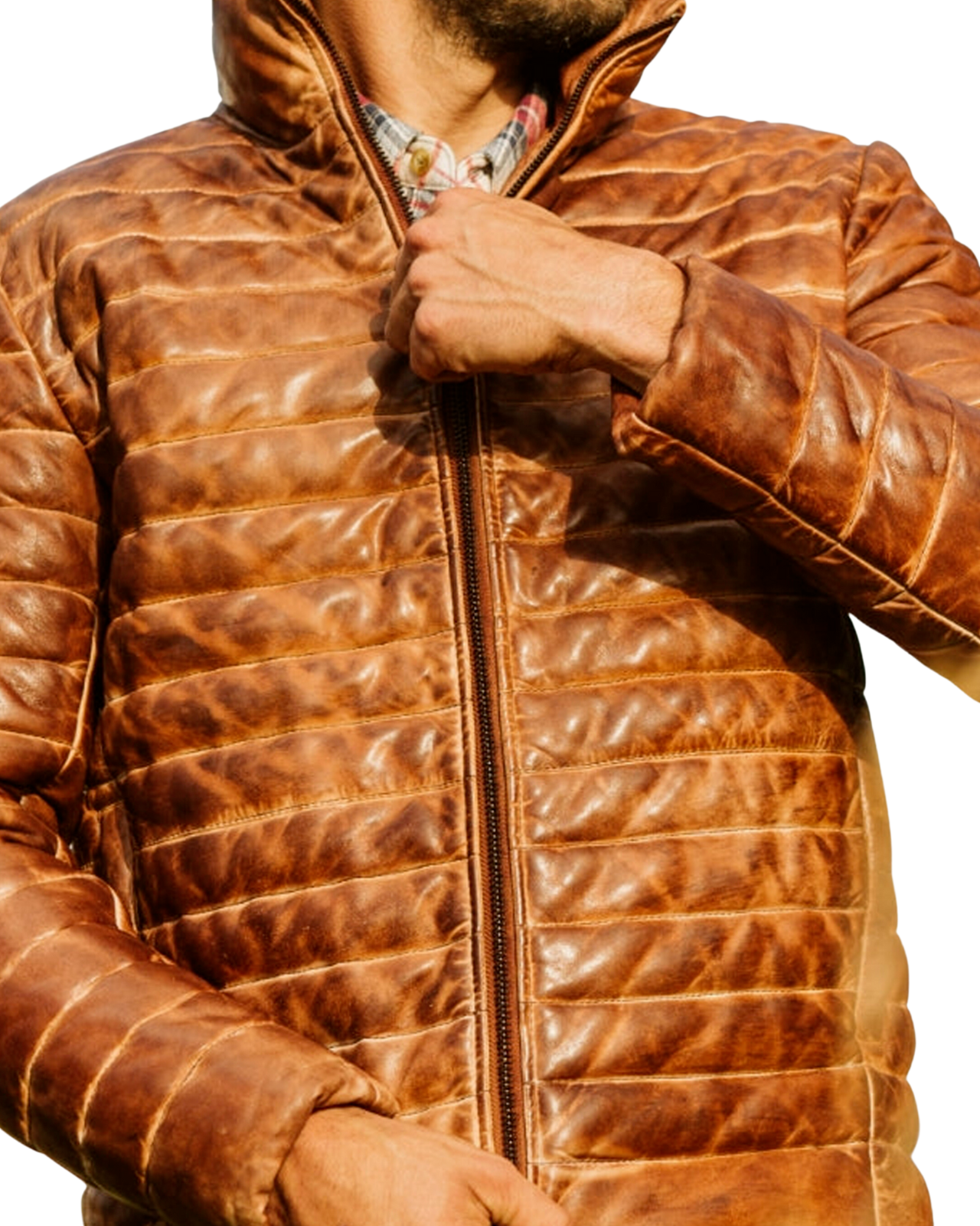 Leather Jacket Genuine Sheepskin Distressed Brown Leather puffer down Jacket-image