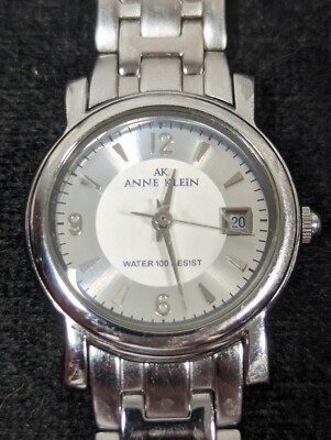 Anne Klein Silver Tone Date Indicator Block Link Bracelet Band Watch 6.5 Inch