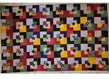 Handmade Fabric Yo-Yo and Squares Quilt 66 x 42 Inches