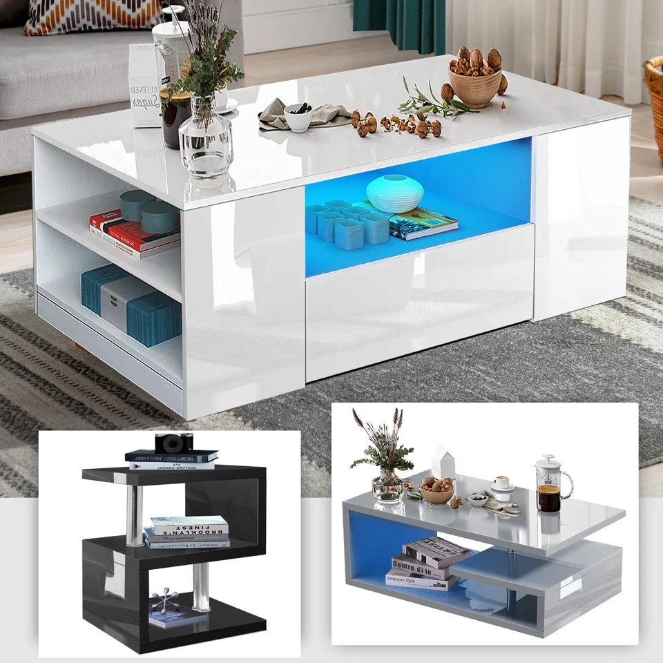 High Gloss Coffee Table With Storage Sofa End Table With Led Light Living Room