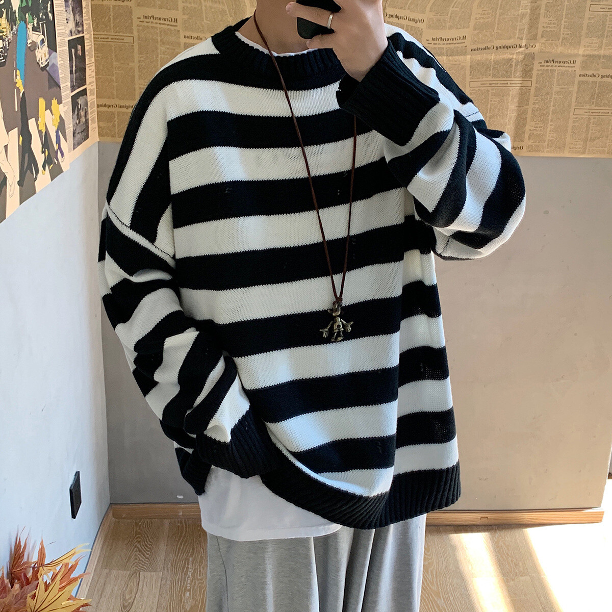 Black Baggy Striped Sweater Striped Sweater Baggy Black Sweater - Main Image