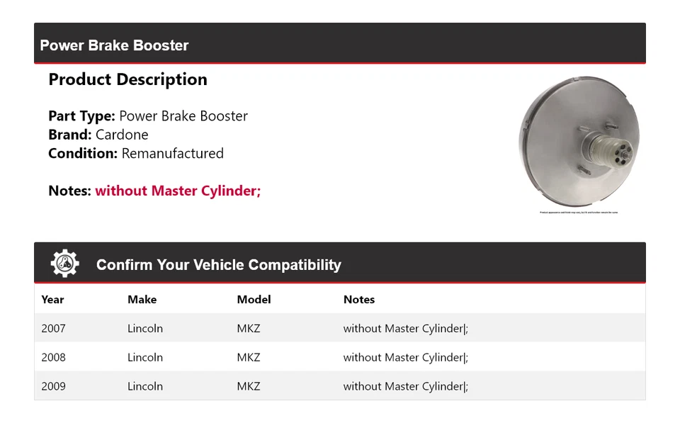 Para Lincoln MKZ 2007-2009 Power Brake Booster Cardone 2008 Foto 2 de 4