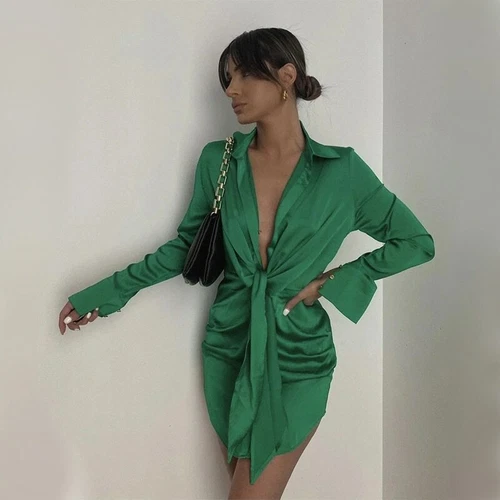 Vestido de satén de seda con cuello en V para mujer manga larga coleccionar cintura nudo lazo mini vestidos - Imagen 6 de 40