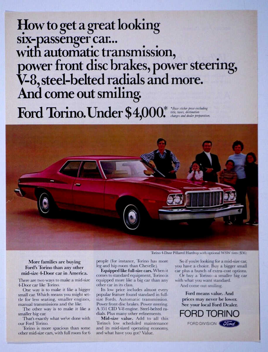 1974 Ford Torino 4 Door Vintage Original Print Ad 8.5 x 11