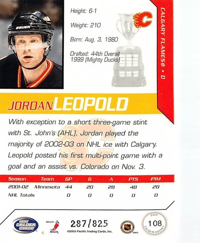 2002-03 Pacific Calder #108 Jordan Leopold RC /825 - Picture 2 of 2