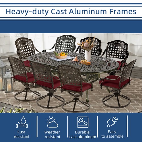 Set da pranzo patio 9 pezzi set mobili da esterno con grande tavolo ovale 8 sedie girevoli - Foto 12 di 45