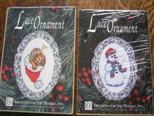 Design For Needle 2 Lace Ornaments PUPPY in STOCKING  SNOWMAN 3.5" x 5" NIP 