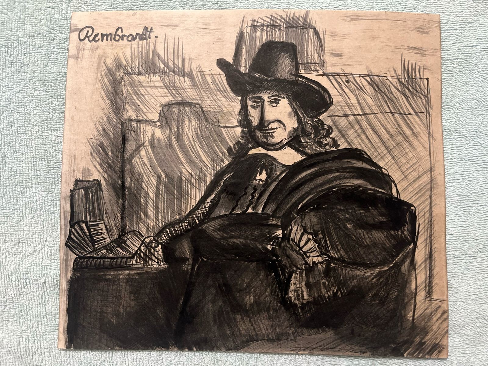 REMBRANDT drawing and painting on old paper signed stamped vintage