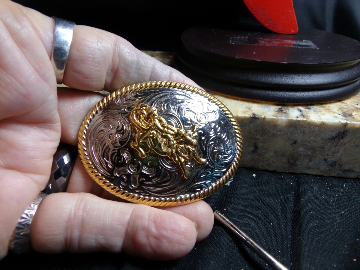 Men's Belt Buckle Silver Gold Tone, Cowboy on a Bull in Gold Tone, Fits  1/4