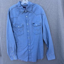 Wrangler Denim Western Shirt Large Mens Pearl Snap Long Sleeve