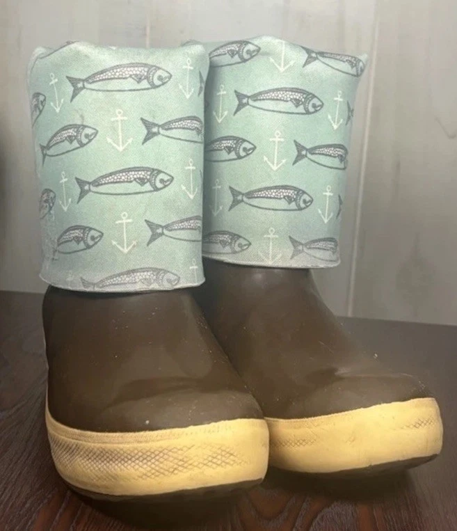 Salmon Sisters Brown Rubber Rain Boots Fish Anchor Pattern Womens Size 9