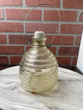 Antique Yellow Ribbed Glass Wasp Trap Beehive Fly Catcher Wire Handle Vintage