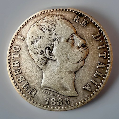 1883 Italy 2 Lire – King Umberto ISilver • .835 Fine • Rome Mint (R)