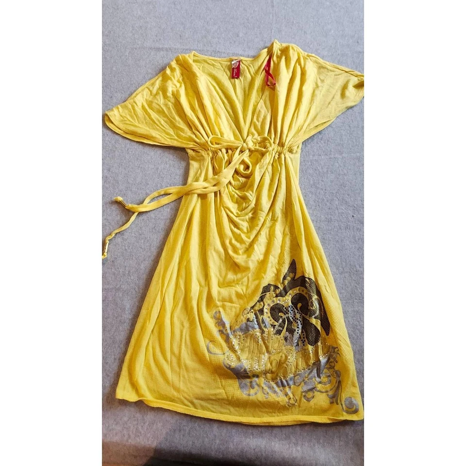 Vestido túnica APPLE BOTTOMS grande amarillo cuello en V ala de murciélago informal cordón bohemio Foto 2 de 4