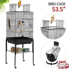 Metal Bird Cage Rolling Stand Play Top Two Feeders Interactive Perches New