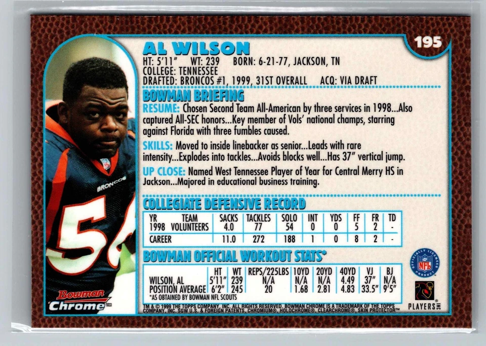 1999 Bowman Chrome #195 Al Wilson Rookie - Image 2 of 2
