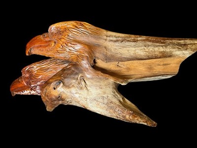 Unique 1996 Rustic Hand Carved 2 Headed Bald Eagle Folk Art Signed Dated