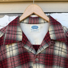 1950s Sears Roebuck Pilgrim Loop Collar Shirt red and cream Plaid 100 Wool