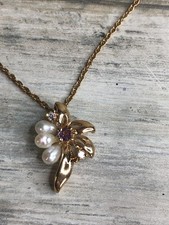 Gold Plated Flower Pendant Necklace pearls and accent stones 24" Twist Chain