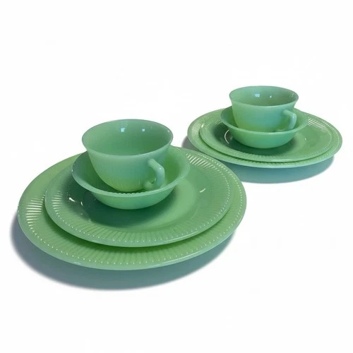 8 Pc Set Jadeite Jane Ray Starter Set Cups Desert Dinner Plate Bowl Fire King