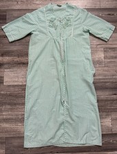 Vintage Collections ETC House Dress Size Medium Green White Stripes Embroidered