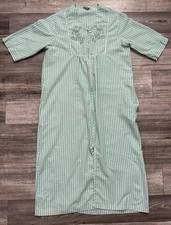 Vintage Collections ETC House Dress Size Medium Green White Stripes Embroidered