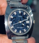 Vintage 1970s Timex Mechanical Watch Blue Black Textured Dial Cushion Case Runs
