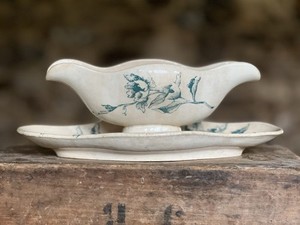 Antique French Green Floral Transferware Sauciere