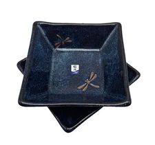 NEW BLUE MOON Dragonfly Rice Noodle Soup Footed Square Bowls Set of 2 Japan