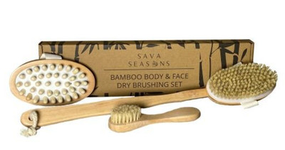 NEW Sava Seasons Bamboo Dry Brushing Exfoliating Set 4 Body and Face w Massager