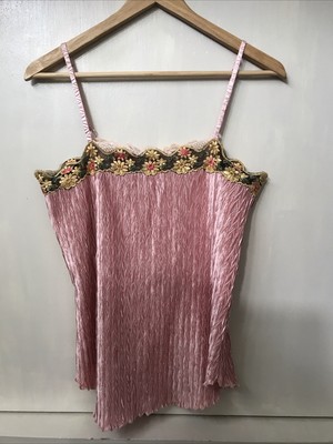 Eva Eva Crinkle Embroidered Lace Edge Cami Tank Top Pink Size M Medium