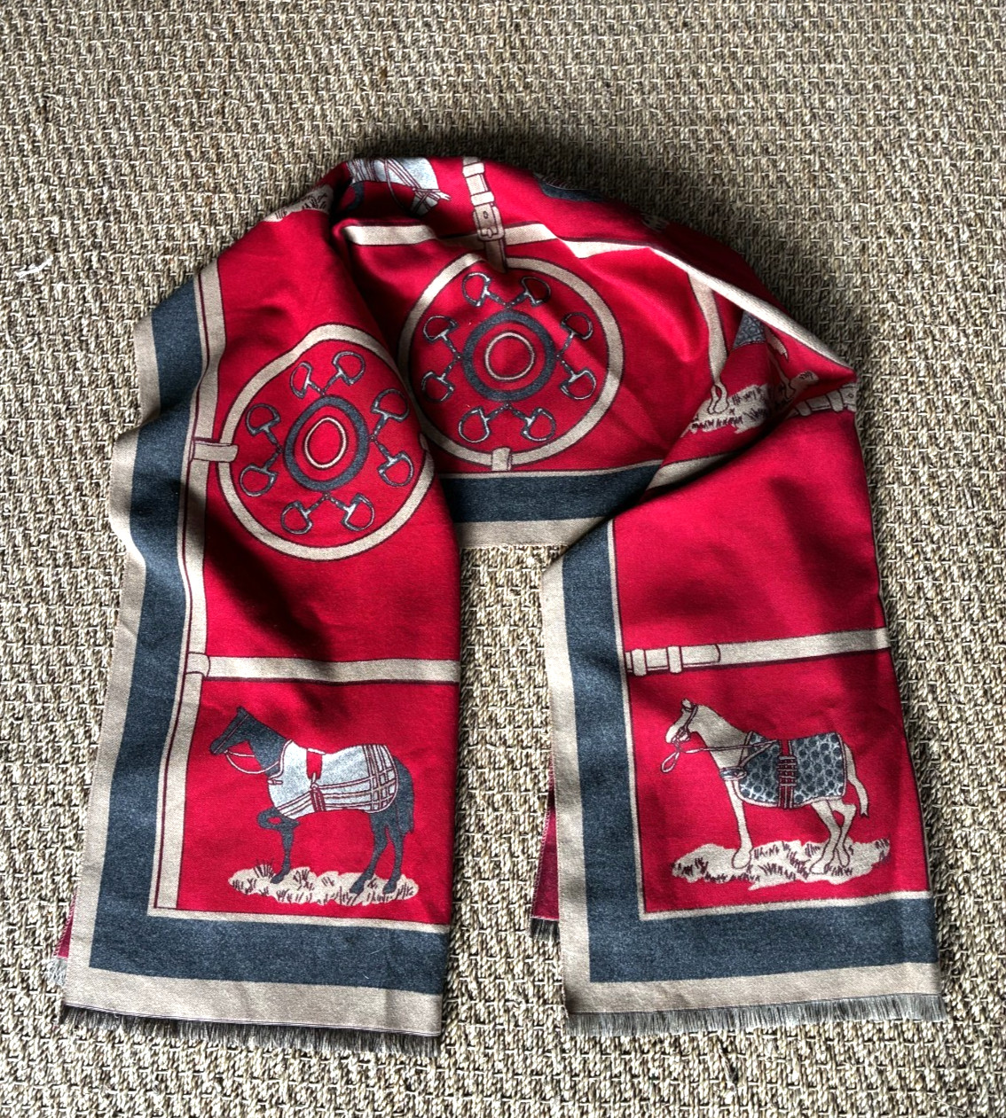 Elegant red patterned scarf featuring an equestri… - image 1