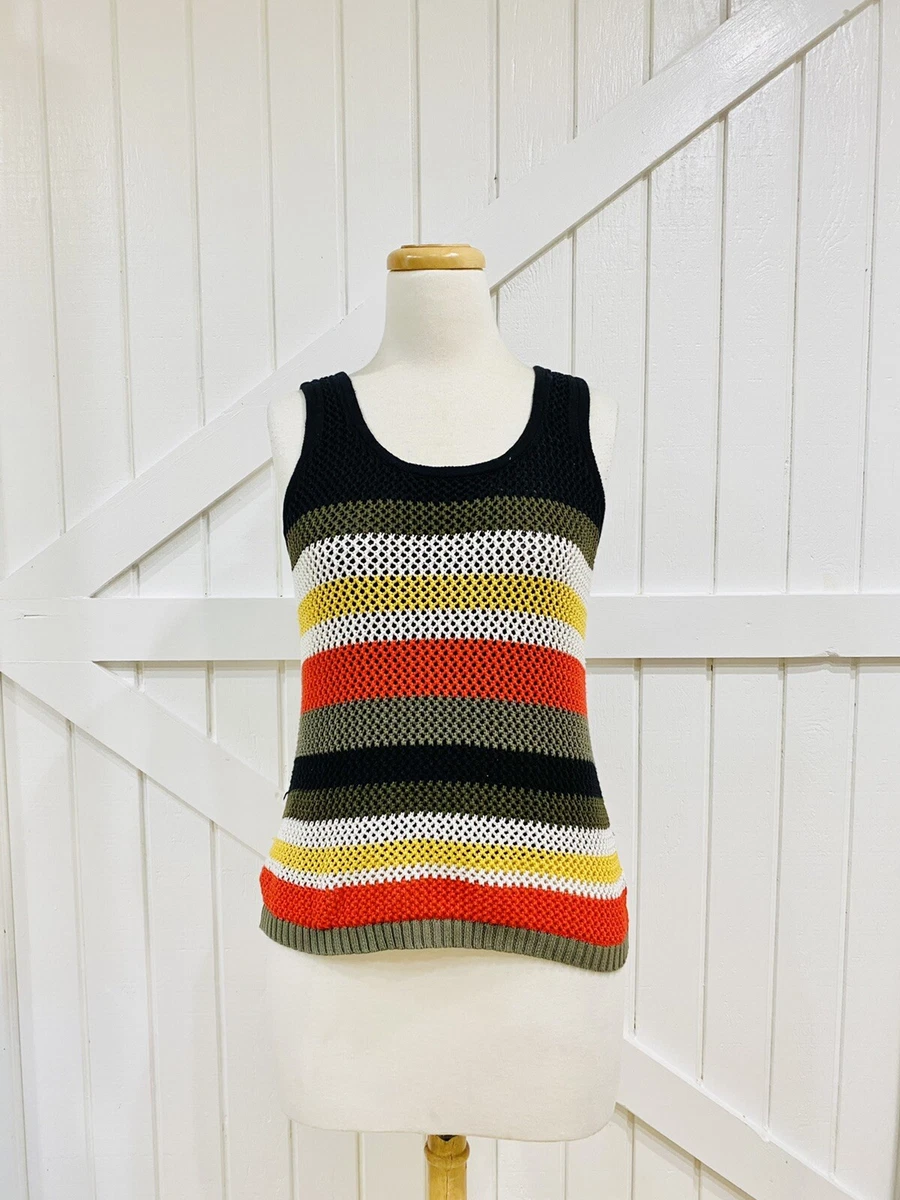 Cato L Knit Crochet Striped Sweater Tank Top Vest Red Green Black Yellow Retro