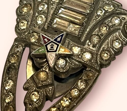 Vtg Art Deco Eastern STAR MASONIC RHINESTONE Enamel FUR DRESS CLIP Jewelry - Picture 3 of 5
