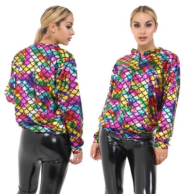 Womens Mermaid Rainbow Fish Bomber Jacket Ladies Metallic ...