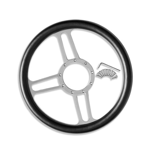 14" Chrome Billet Aluminum Tri Spoke Steering Wheel 9 Holes & Smooth Horn Button - Picture 3 of 6