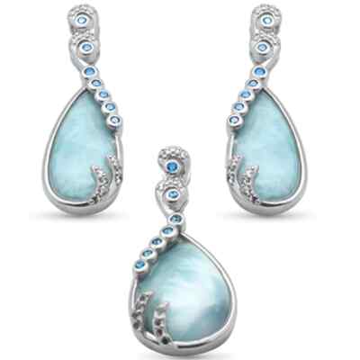 Pear Shaped Natural Larimar, Blue Topaz & CZ .925 Sterling Silver Earring & Pend