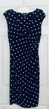 RALPH LAUREN Black White Polka Dot Ruched Side Empire Waist Dress 8, Liquid Knit