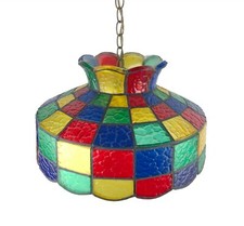 1970s Multicolor Faux Stained Glass Swag Pendant Lamp Plastic Acrylic Light