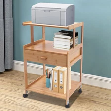 Space-Saving Printer Storage Rack Bamboo Rolling Cart Portable Printer Stand