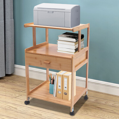 3 Tier Wood Color Rolling Printer Cart Storage Rack Shelf Portable Printer Stand