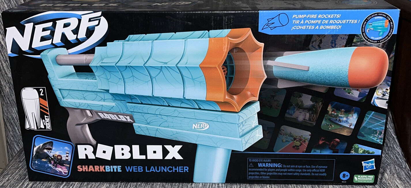 NERF Roblox Shark Bite Web Launcher Blaster 2 Pump Fire Rocket Darts NEW