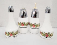 4 Pc Set Gemco Spice of Life Oil Vinegar Cruets and 2 Dispensers Milk Glass VTG