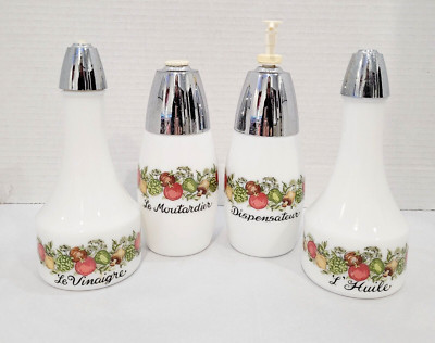 4 Pc Set Gemco Spice of Life Oil Vinegar Cruets and 2 Dispensers Milk Glass VTG