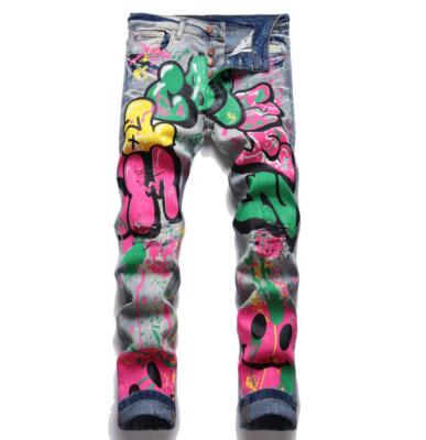 Men's Blue Denim Jeans Colorful Printed Straight Leg Pants Ripped Holes Trousers
