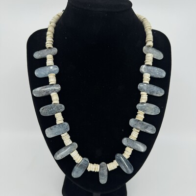 Large Chunky Kyanite & Ostrich Egg Shell Artisan Necklace Sterling Silver 23 