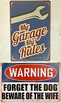 8x12 TIN SIGNS 2pc SET funny garage rules mechanic workshop warning wife dog 