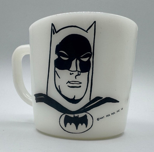 1960's BATMAN CUP Coffee Mug MILK GLASS Double Sided Comic Graphics  ‘66 MCM