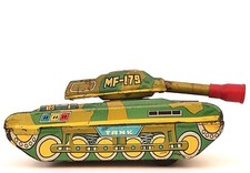 CHAR D'ASSAUT EN TÔLE   TANK MF-179     ANCIEN JOUET MÉCANIQUE À FRICTION