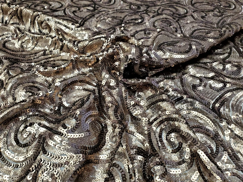 Matte Coffee Curly Sequin Fabric on Poly Mesh "The Spiral Sequin" - BTY  - Image 4 of 4